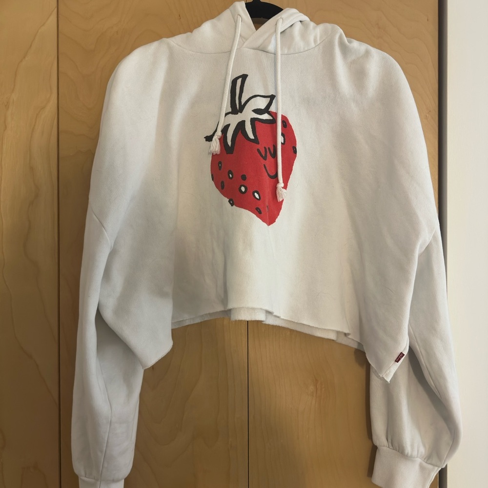 Levi's Cropped White Hoodie with Strawberry